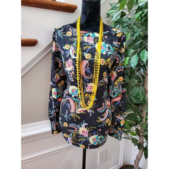 Loft Women's Black Floral 100% Polyester Round Neck Long Sleeve Blouse Size M - Picture 10 of 10